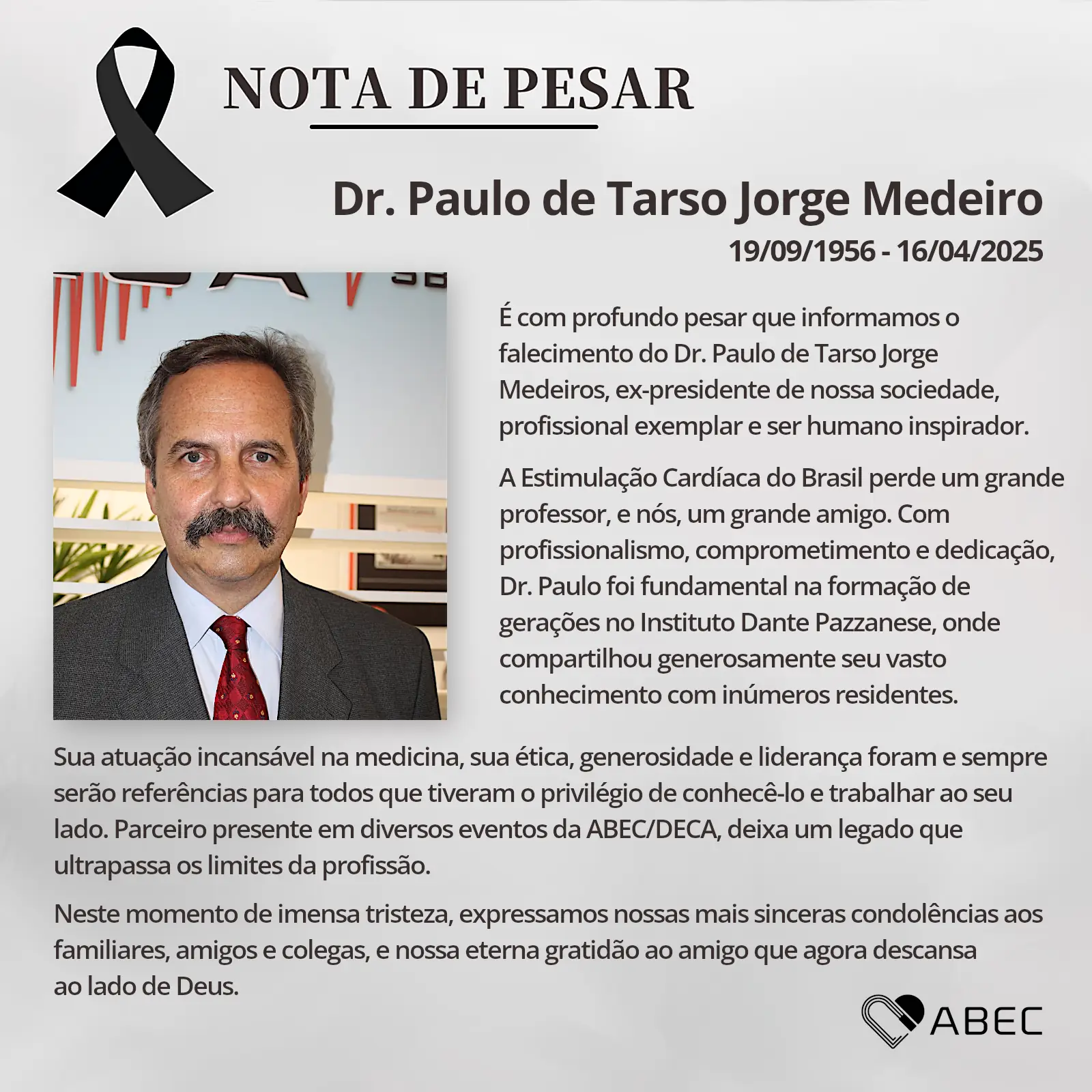 Nota de pesar - Dr. Paulo de Tarso Jorge Medeiros